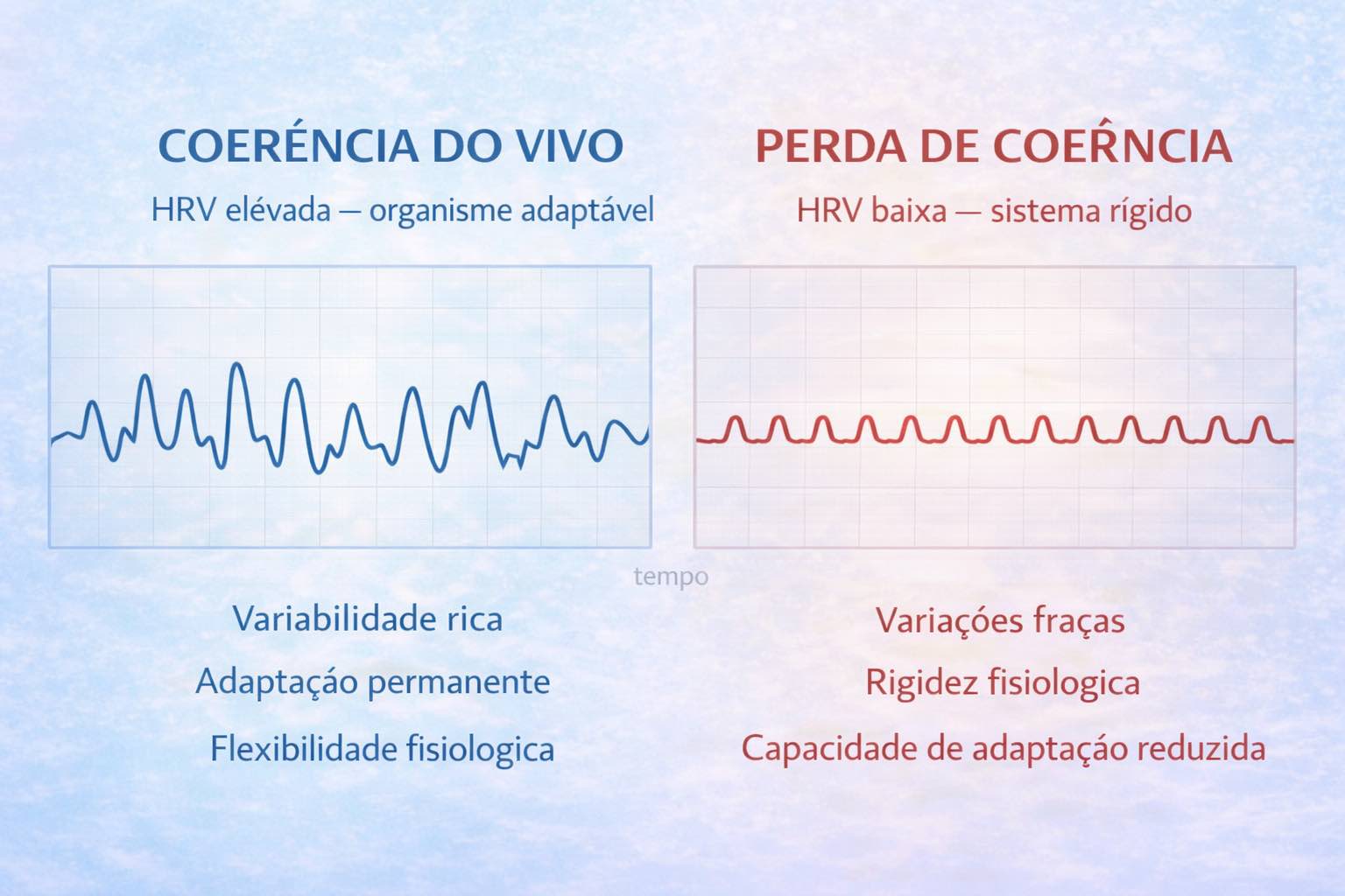 Gráfico comparando HRV elevada (coerência do vivo) e HRV baixa (perda de coerência do organismo).