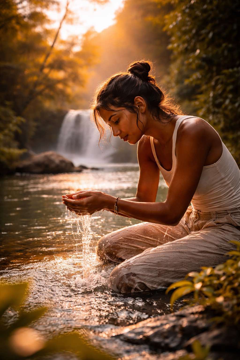 Mulher brasileira tocando água na natureza representando desinflamação e limpeza do corpo