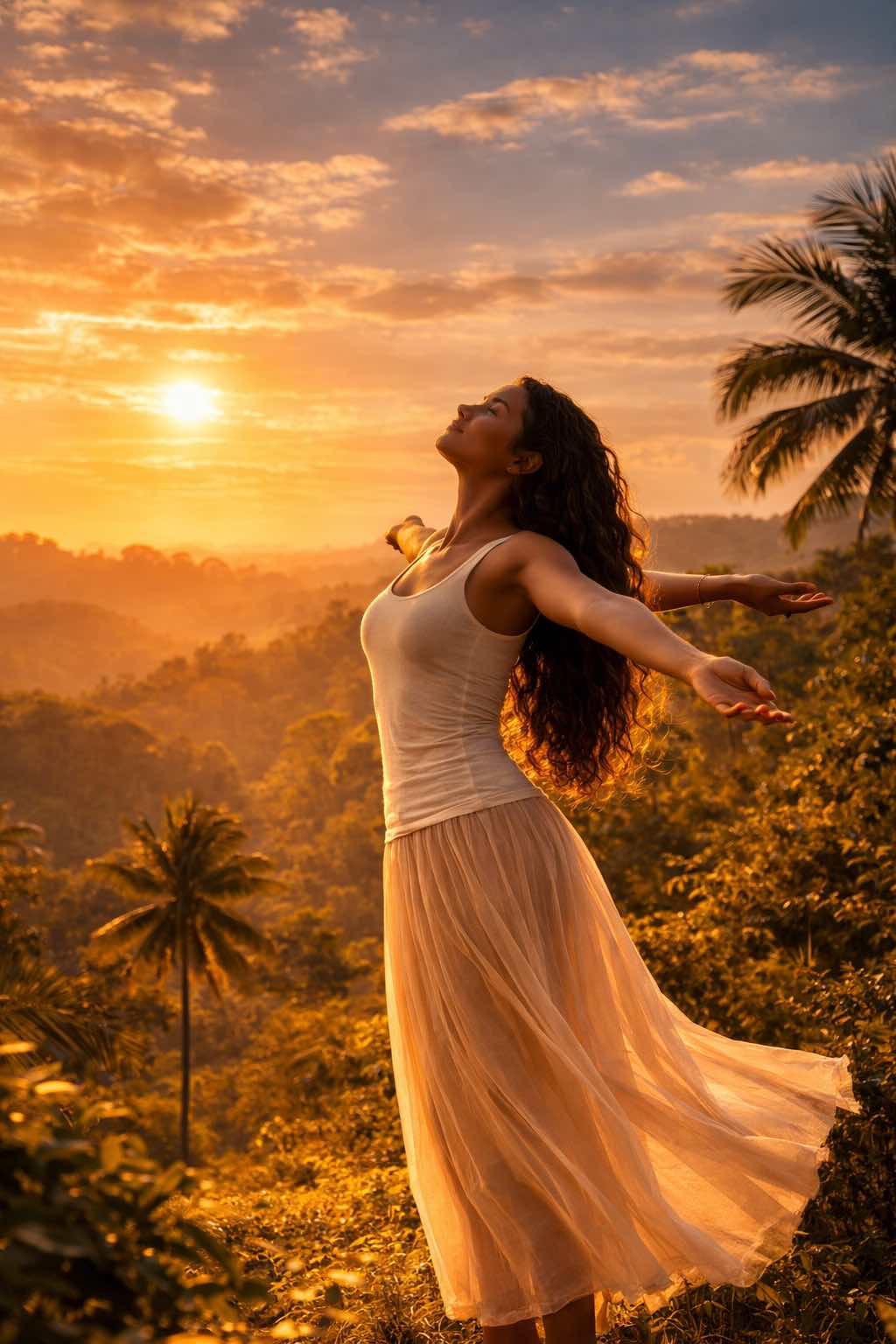 Mulher brasileira ao sol na natureza representando energia e ritmo natural do corpo<br />
