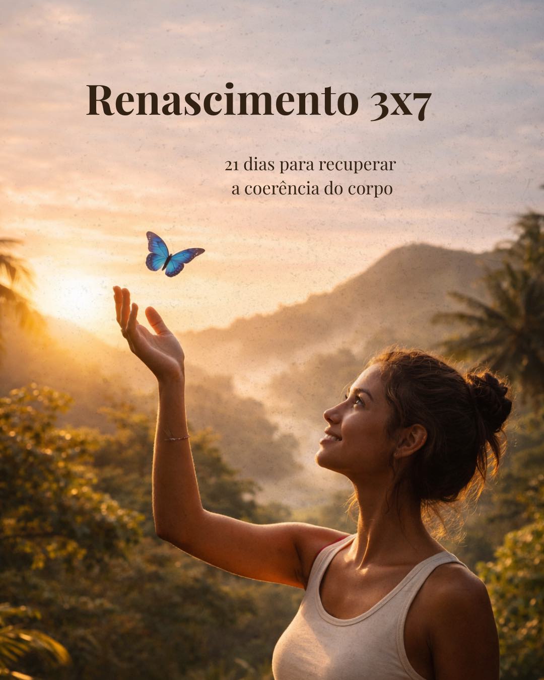 Mulher brasileira observando uma borboleta azul na natureza representando transformação e coerência do corpo<br />
