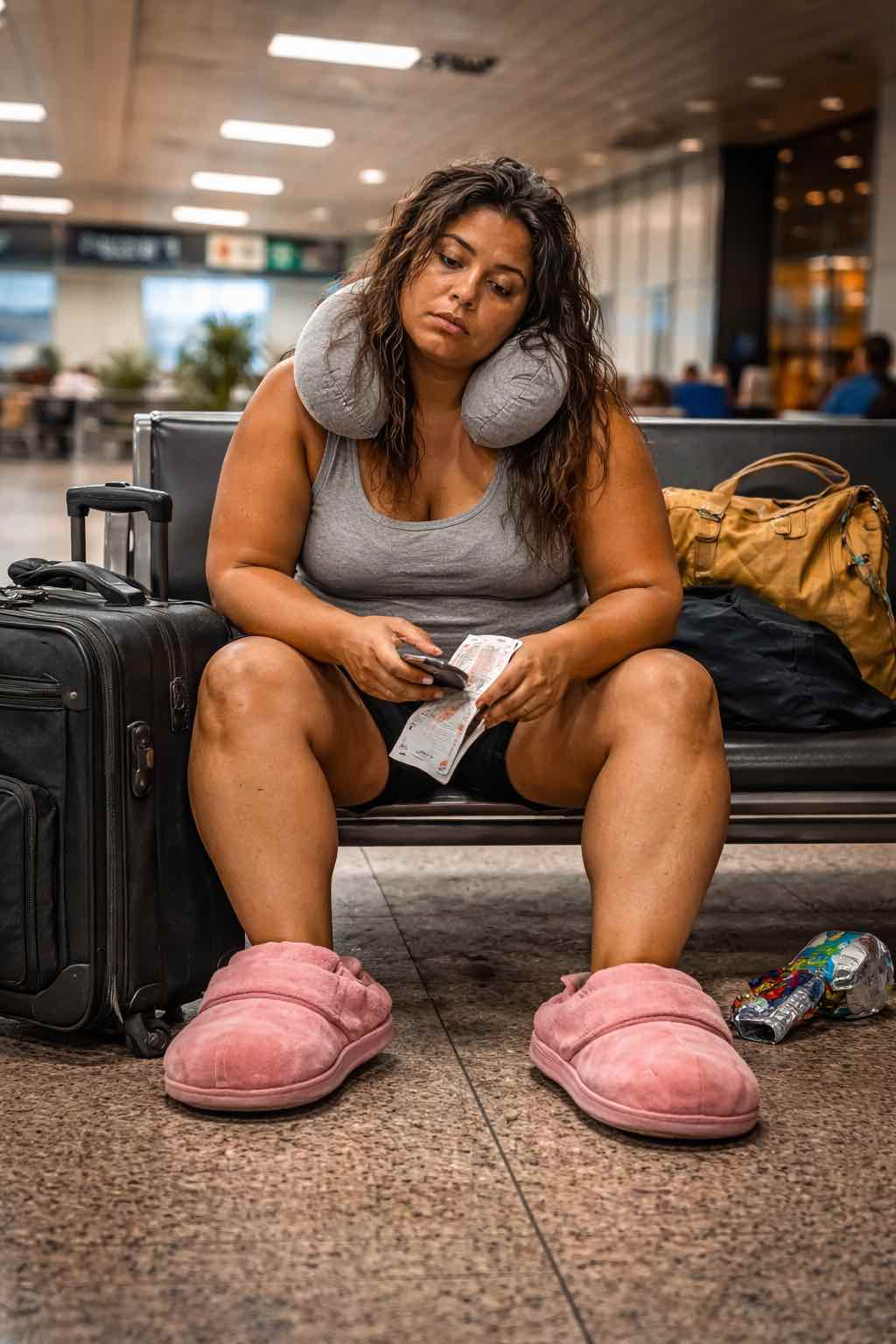 Mulher brasileira cansada após viagem de avião com expressão de fadiga, ilustrando dificuldade de adaptação do corpo e perda de coerência do vivo<br />
