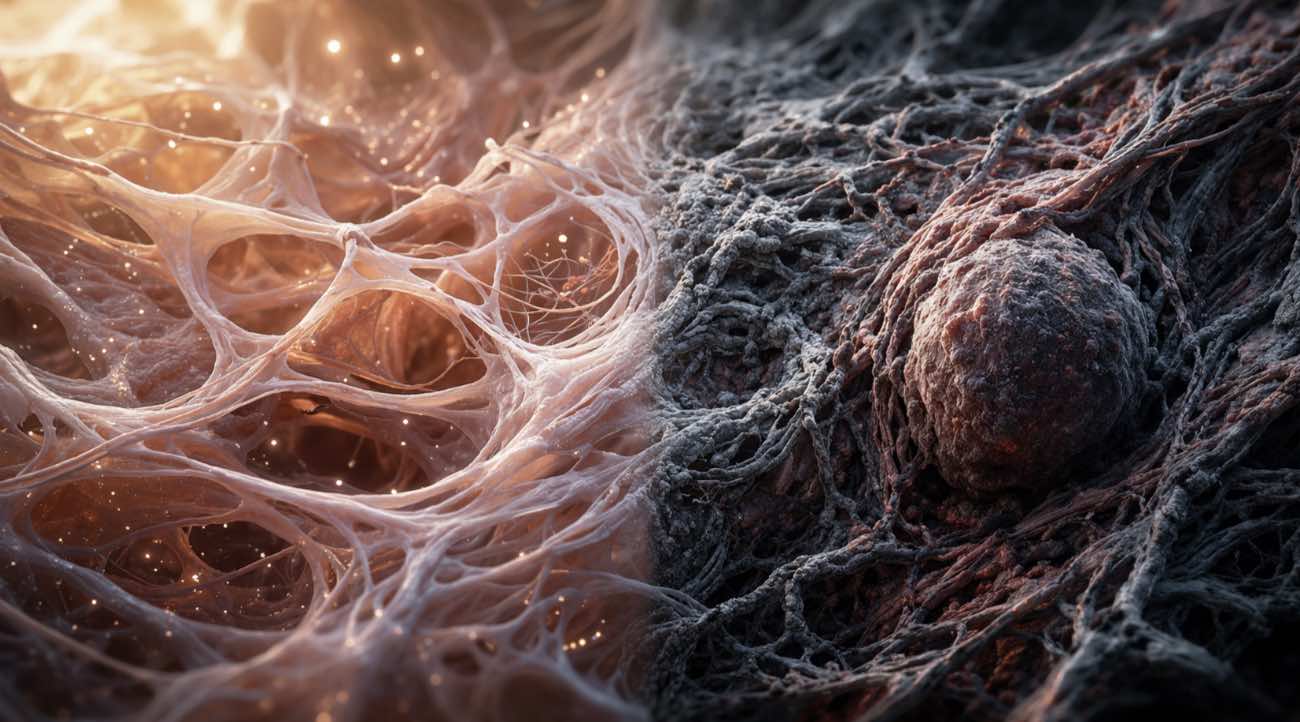 Ilustração de tecidos biológicos flexíveis e rígidos mostrando a perda de regulação do corpo associada ao aparecimento de um cisto