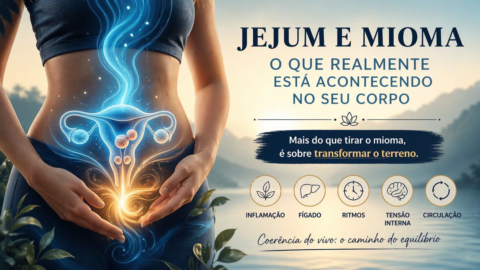 Ilustração do útero feminino com fluxo de energia, representando o efeito do jejum no mioma e o equilíbrio do terreno na coerência do vivo