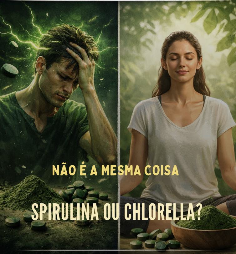 Comparação entre spirulina e chlorella mostrando efeitos diferentes no corpo após jejum, com foco no terreno biológico e coerência do vivo