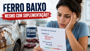 Mulher analisando exame de sangue com ferro baixo apesar da suplementação, ao lado de carro enferrujado ilustrando o estresse oxidativo.