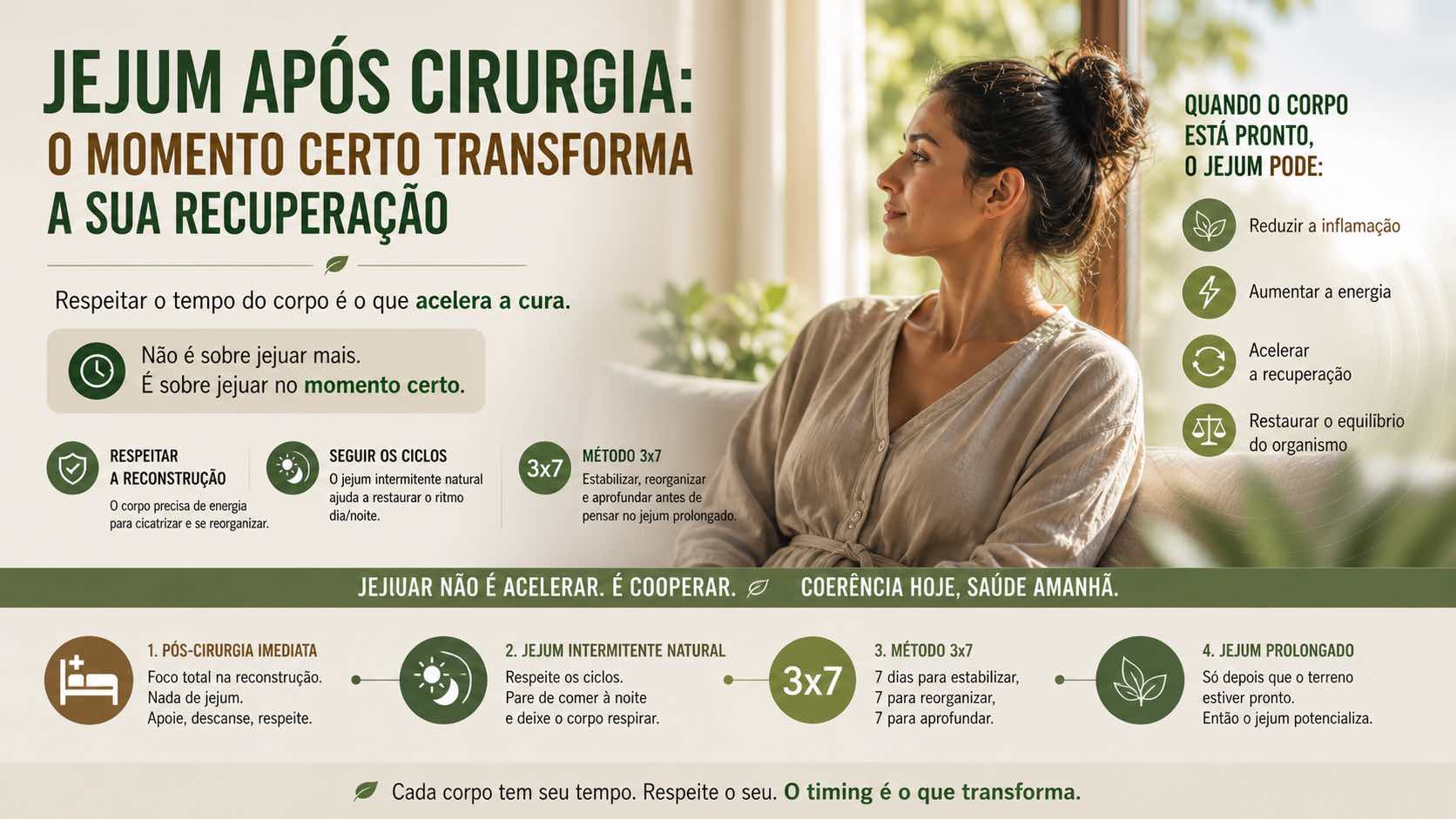 Mulher em recuperação após cirurgia ilustrando o momento ideal para usar o jejum e melhorar a recuperação do corpo